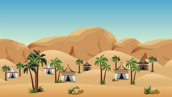 Desert landscape background with nomad camp. Scene for cartoon,