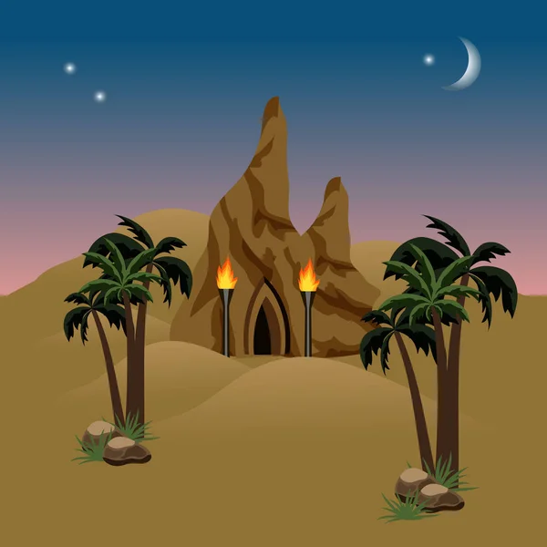 Night desert landscape with a mysterious house in rock.