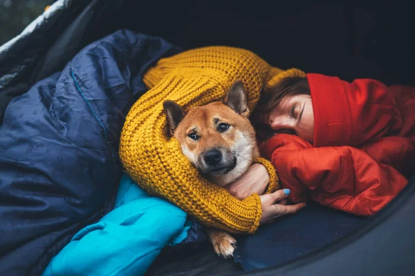 tourist girl hug resting dog together in campsite, red shiba inu sleeping in camp tent , hiker woman leisure with puppy dog relax nature vacation, friendship love concept
