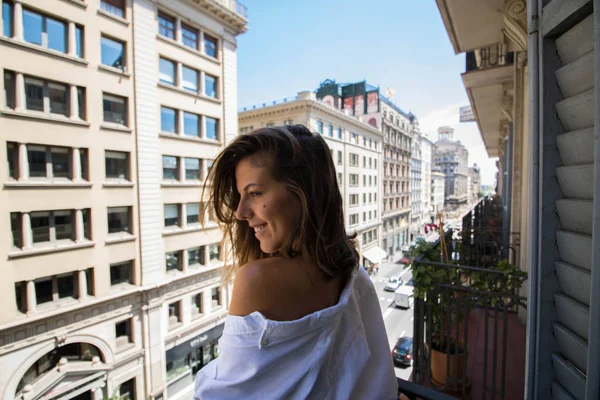 Smiling Romantic Woman White Male Shirt Looking Street Balcony — Stock Photo, Image