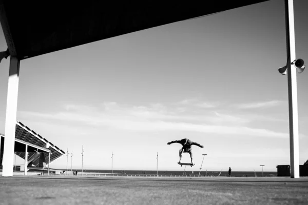 Male Skateboarder Jumping Skateboard Urban Place Black White Photo Stock Picture