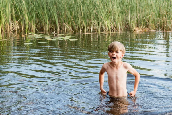 Küçük bir çocuk orman gölünde yüzüyor.