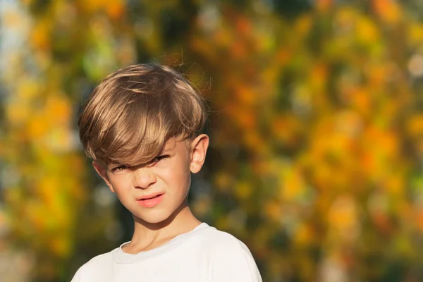 Kleiner Junge Einem Warmen Herbstabend Dorf Weiches Licht Des Abendsonnenuntergangs — Stockfoto