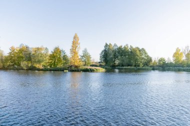 Açık bir sonbahar gününde şehir parkındaki nehir manzarası