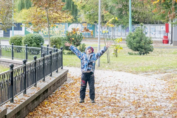 Liten Pojke Går Ensam Parken Hösten — Stockfoto