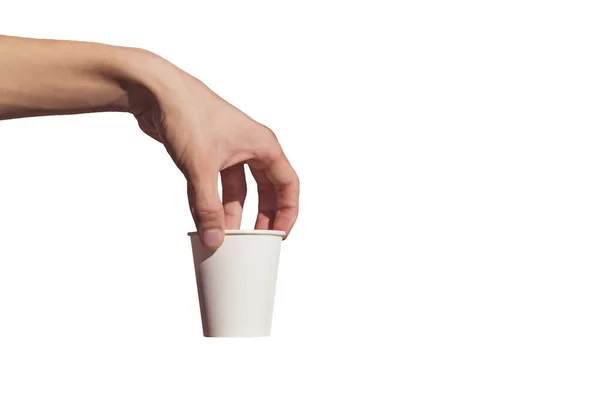 Χέρι Ενός Άντρα Κρατάει Ένα Χάρτινο Κύπελλο Μιας Χρήσης Λευκό — Φωτογραφία Αρχείου