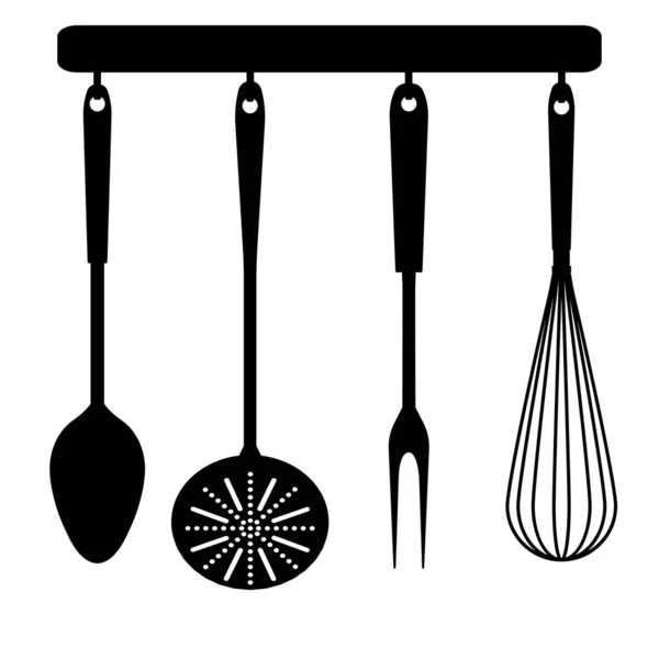 Herramientas de cocina en una percha. Ilustración vectorial aislada sobre fondo blanco . — Vector de stock
