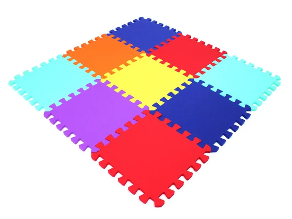 Puzzle-Matte - bunte weiche Elemente Buchstaben und Zahlen auf weißem Hintergrund — Stockfoto