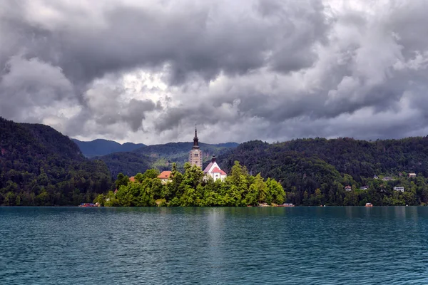 Lago Bled Com Marys Igreja Assunção Pequena Ilha Bled Slovenia — Fotografia de Stock