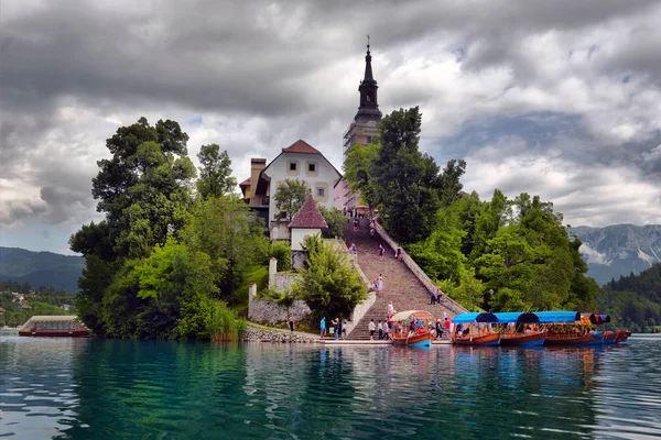 Lago Bled Com Marys Igreja Assunção Pequena Ilha Bled Slovenia — Fotografia de Stock