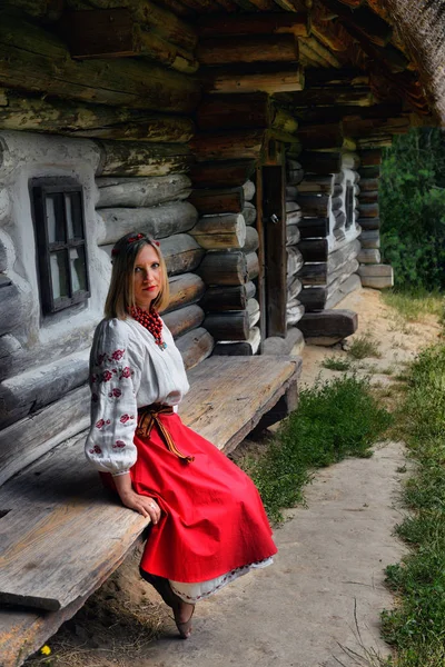 Ukrainska Flicka Nationella Kläder Mot Bakgrund Gamla Hus Ukrainska Byn — Stockfoto