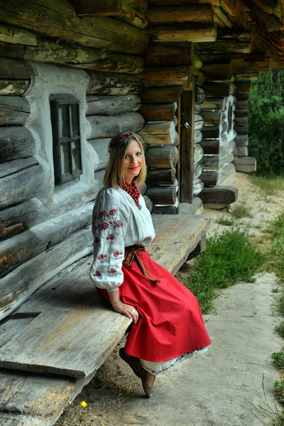 Fille Ukrainienne Vêtements Nationaux Sur Fond Vieilles Maisons Village Ukrainien — Photo