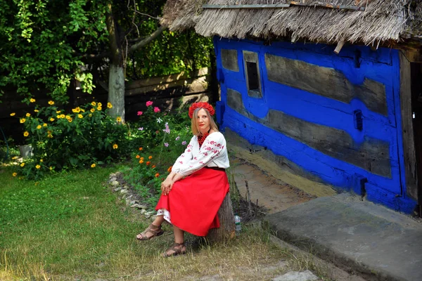 Chica Ucraniana Ropa Nacional Sobre Fondo Las Viejas Casas Aldea —  Fotos de Stock