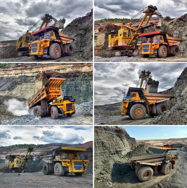 Large quarry dump truck. Loading the rock in the dumper. Loading coal into body work truck. Mining truck mining machinery, to transport coal from open-pit. Set image