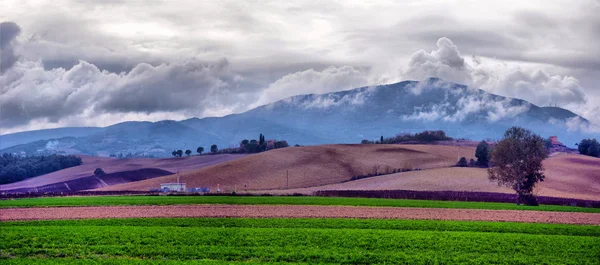 Typisch Tuscany Platteland Landschap Zonsondergang Glooiende Heuvels Tuscany Landbouwgrond — Stockfoto