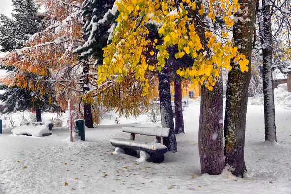 Scenic Autumn View First Snow Dirt Wet Road Mountains Trees — Stock Photo, Image