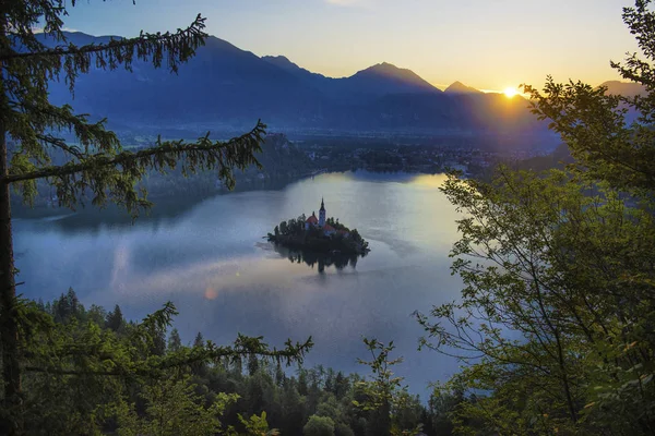 Aerial view of Lake Bled Alps Slovenia Europe. Mountain alpine l — Stock Photo, Image