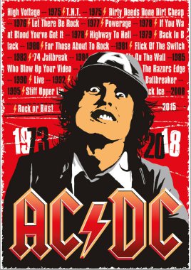 Angus Young ve Ac Dc Diskografi yüzü ile bir poster