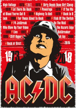 A poster with the face of Angus Young and AC DC discography clipart