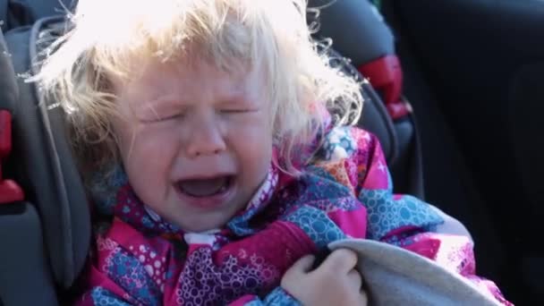 Pequeña niña caucásica con el pelo rizado en una chaqueta caliente se sienta en un asiento de niño, usando un cinturón de seguridad en un coche llorando en voz alta lágrimas corriendo por sus mejillas — Vídeo de stock