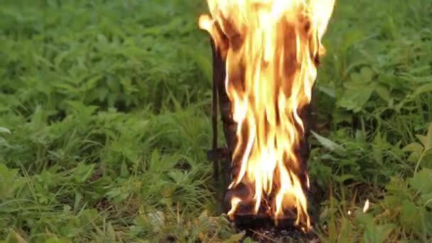 Old leather black high punk womens boots burn with fire standing on the grass in the park. concept old uncomfortable shoes — Stock Video