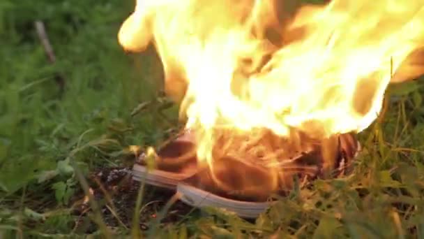 Vecchie Scarpe Ginnastica Sportive Burning Sull Erba Nel Parco Scarpe — Video Stock