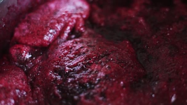 Home Cooking Cranberries Jam Macro Close Boils Slowly — Stock Video