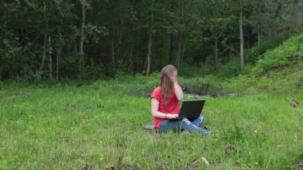 Девушка на улице в парке работает на ноутбуке, убирает насекомых-комаров — стоковое видео