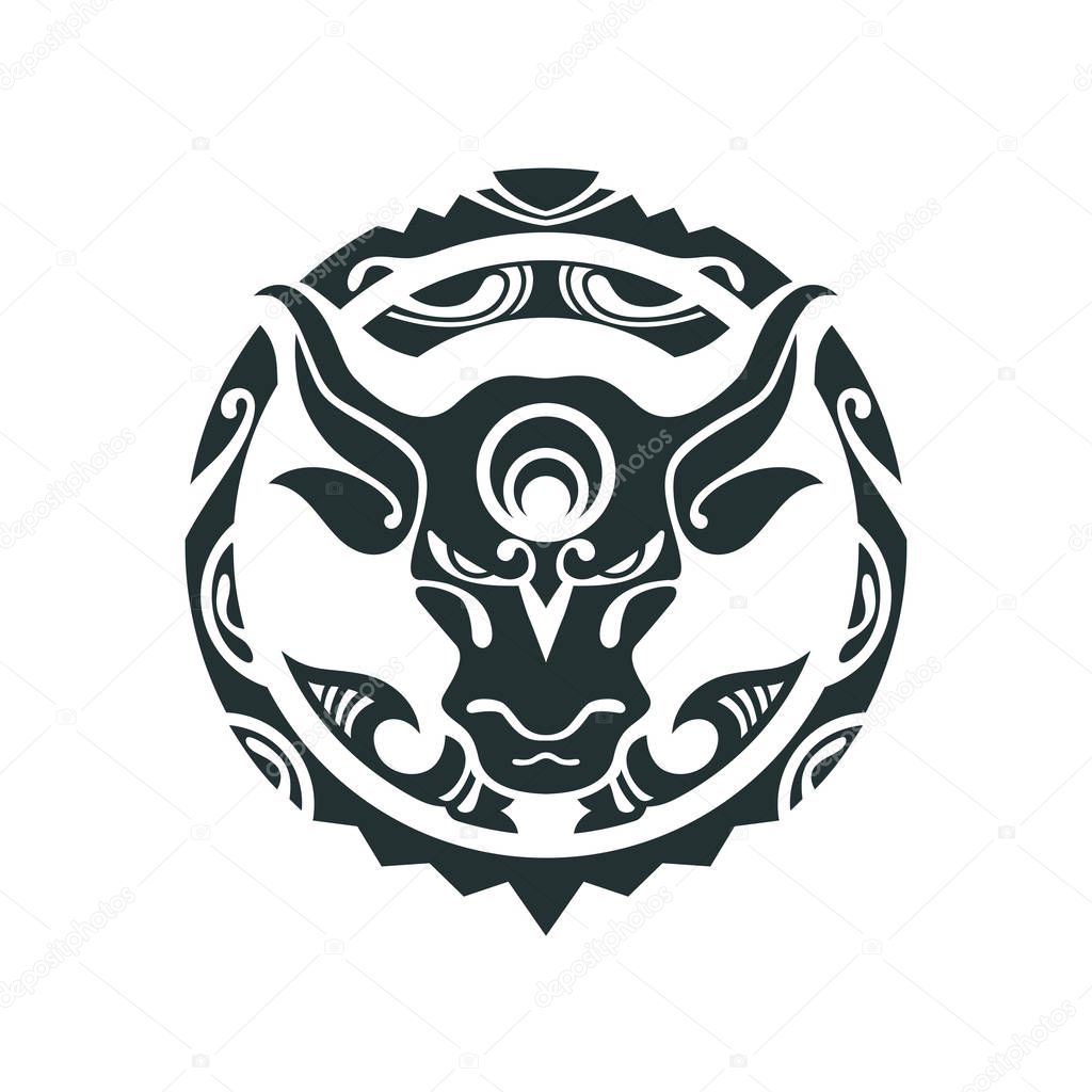 Tattoo of a bull in Polynesian style. Vector illustration. Traditional Maori Taniwha tattoo design