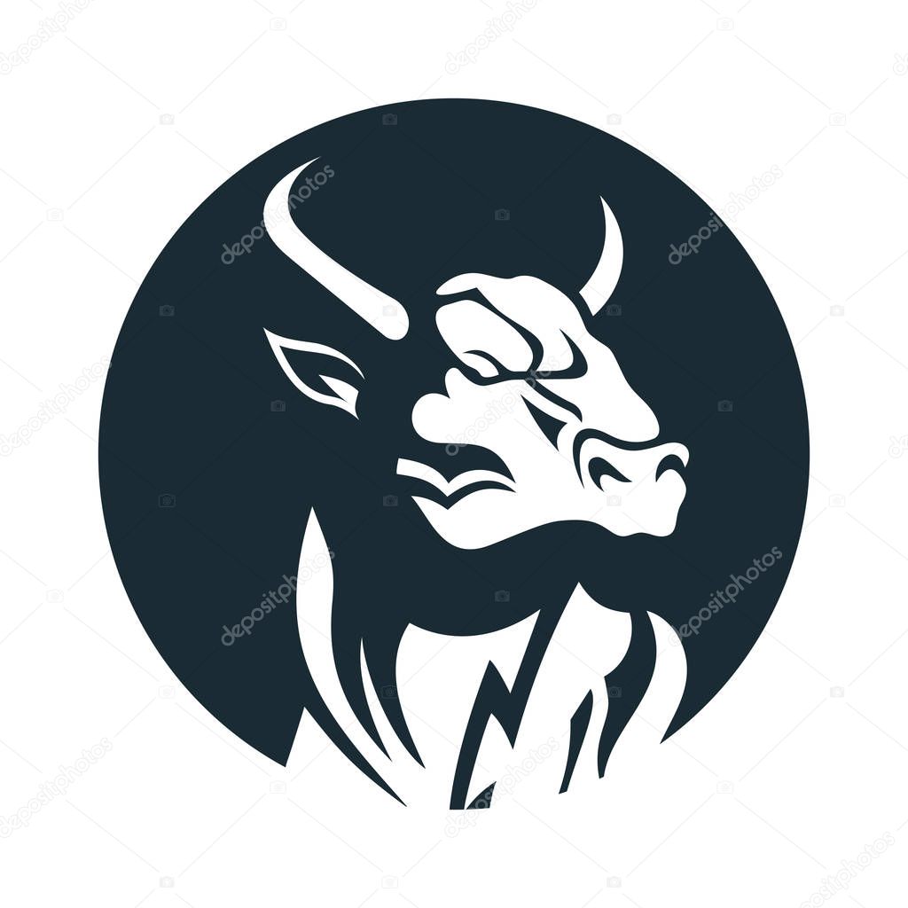 Vector image of a bull head with big horns. Logo with the head of a bull.