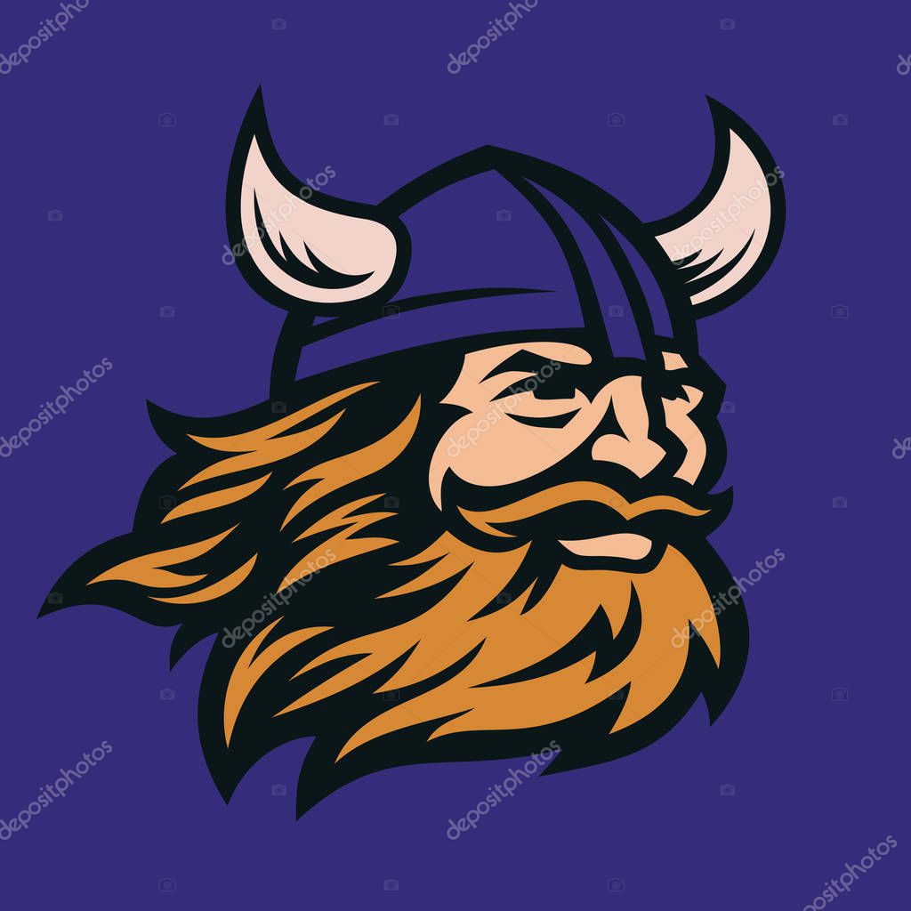 Viking head vector image. Head of bearded viking warrior with horned helmet.