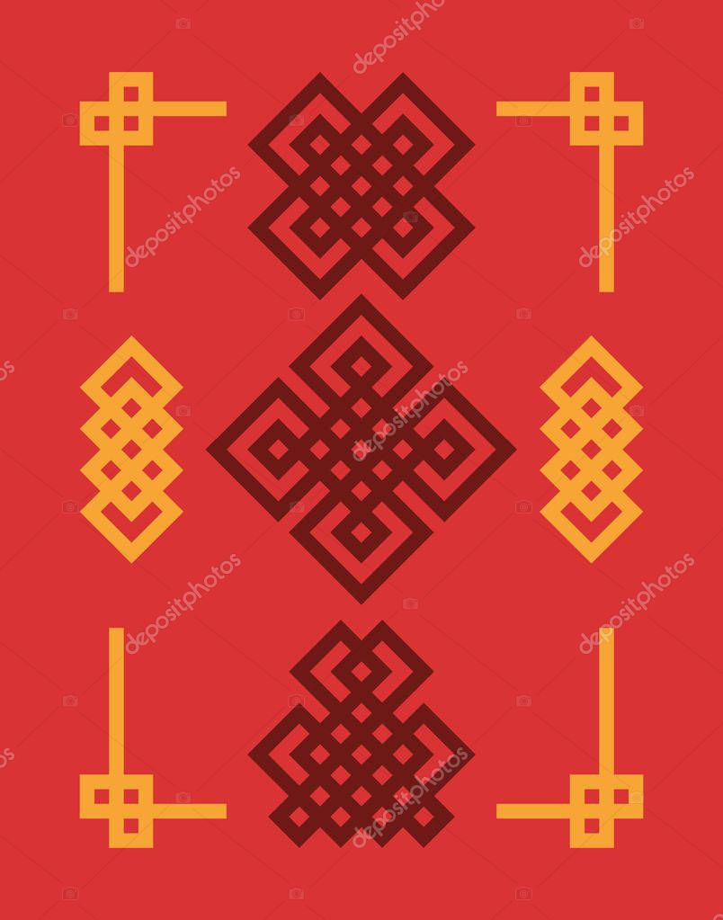 Endless Auspicious knots set. China ornament - symbol of Tibet, Eternal, Buddhism and Spirituality. Feng Shui element, geometric ornament. Sacred geometry.