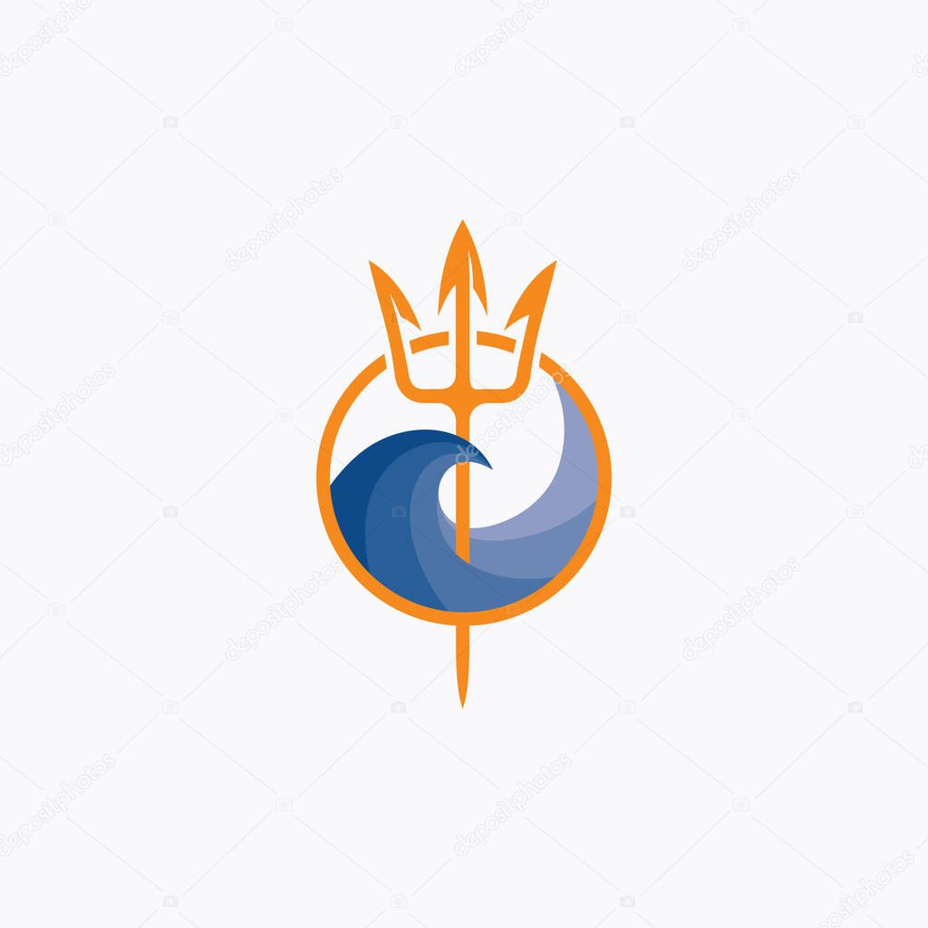 Neptune trident logo and sea wave. The symbol of the god of the seas is the trident of Poseidon.