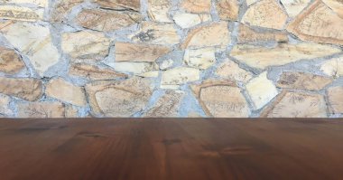 Taş duvar ve ahşap aşınmış eski tablo arka plan. Ahşap masa arka plan dokusu