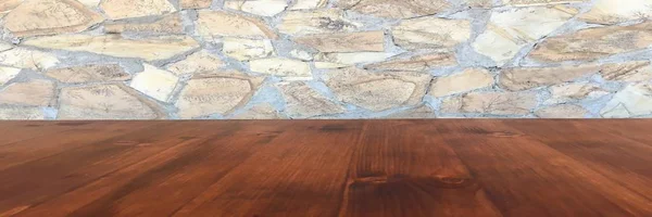 Bruin Houten Tafelblad Planken Witte Wazig Steen Muur Achtergrond Van — Stockfoto