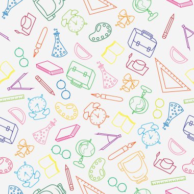 Çizilmiş desen geri okula el ve beyaz arka plan üzerinde renkli ince çizgi kutsal kişilerin resmi okul eğitimi sağlar.