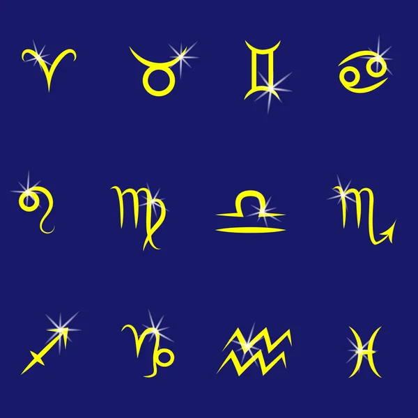 Ensemble de signes du zodiaque avec des étoiles brillantes sur fond bleu — Image vectorielle