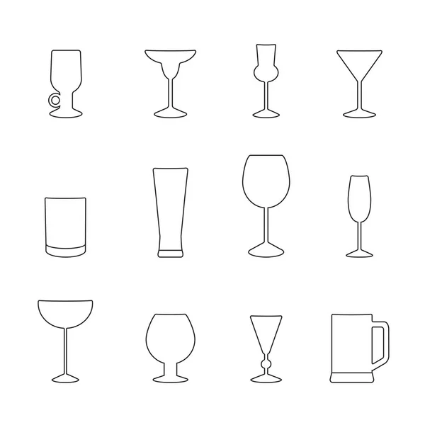 Tipos de vasos para diferentes bebidas, un conjunto de iconos de contorno. Ilustración vectorial en negro — Vector de stock
