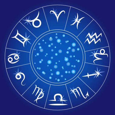 Zodyak işaretleri. Burçlara yuvarlak. Astrolojik takvimi, çizgi vektör burç parlak mavi arka plan üzerinde
