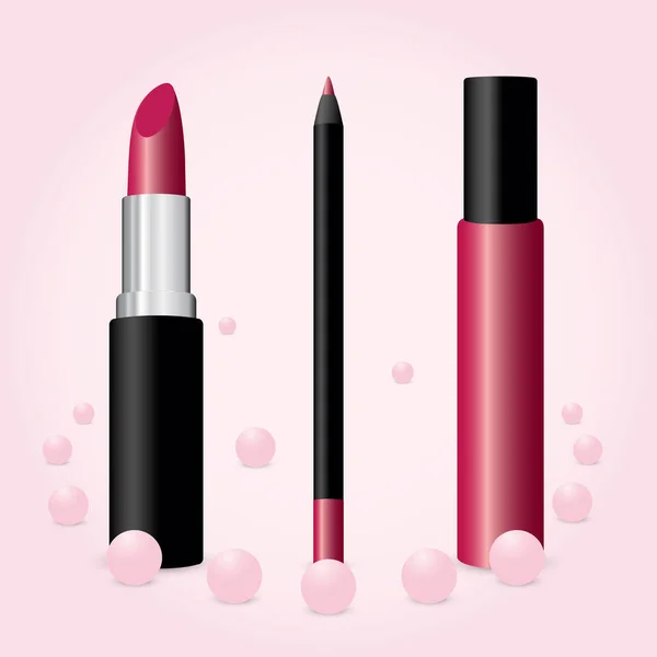 Set Make Cosmetics Lip Gloss Lipstick Lip Liner Vector Isolated — Stock Vector