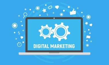 vektör çizim dijital pazarlama yazı ile renkli dizüstü