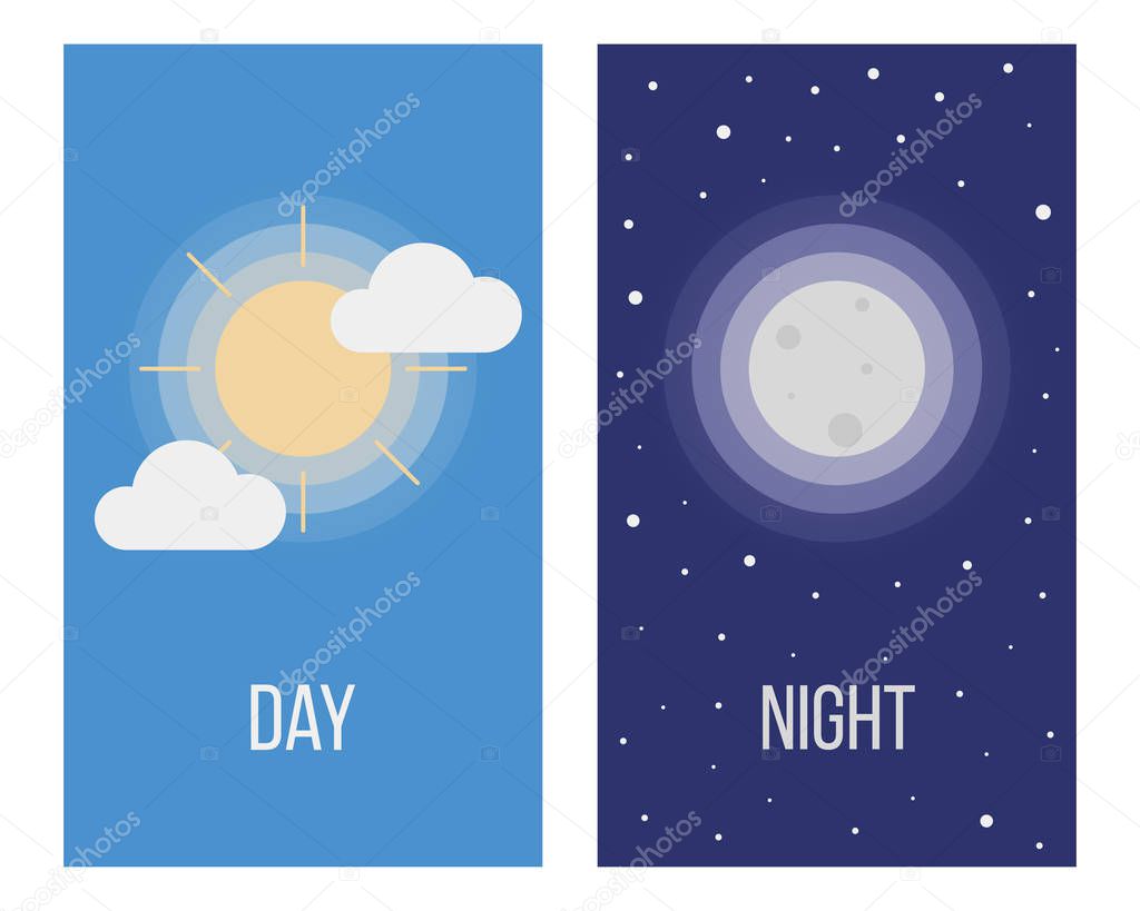 vector illustration of colored sun and moon, day and night concept