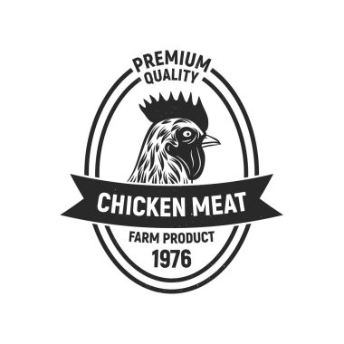 Tavuk eti logosu. Tavuk kafası. Vintage amblem kavramı. Grunge doku. Vektör çizimi