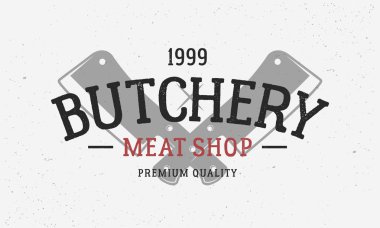Kasaplık, Meat Shop - Vintage trendy şablon logosu. Et bıçaklı kasaplık logosu. Vektör çizimi
