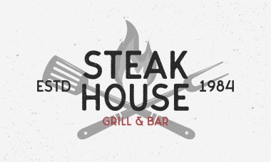 Barbekü logosu, amblemi. Steak House, ızgara çatal ve spatula ile Barbekü trendy logosu. Geometrik barbekü etiketi. Vektör amblemi şablonu