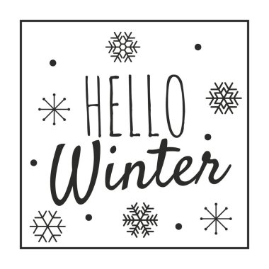 Merhaba Kış metin - kar taneleri ile beyaz arka plan da yazı. Tasarım kartları, posterler, el ilanları için kış logosu. Elle çizilmiş stil. Vektör illüstrasyon - Vektör