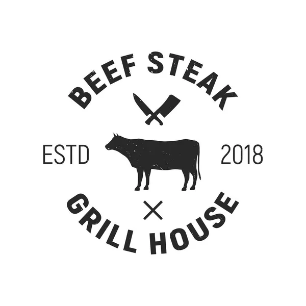 Nötkött Biff Cow Vintage Logotyp Koncept Emblem Grill Huset Siluett — Stock vektor