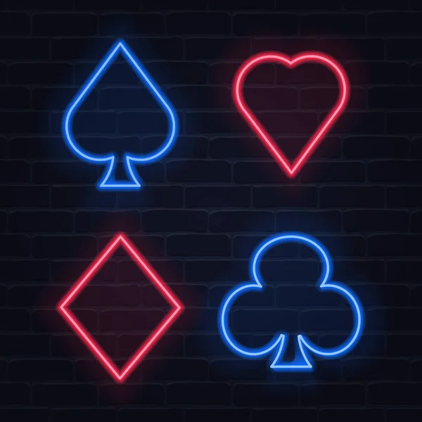 poker neon işareti. Neon işareti seti. Poker kulübü logosu, amblemi. Işık lı afiş. Vektör çizimi.