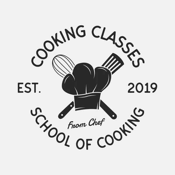 Cooking vintage logo. Cooking Class template logo with spatula and whisk . Modern design poster. Label, badge, poster for food studio, cooking courses, culinary school. Illustration — Stock Illustration Cooking Vintage Logo Cooking Class Template Logo Spatula Whisk Modern Royalty Free Stock Illustrations