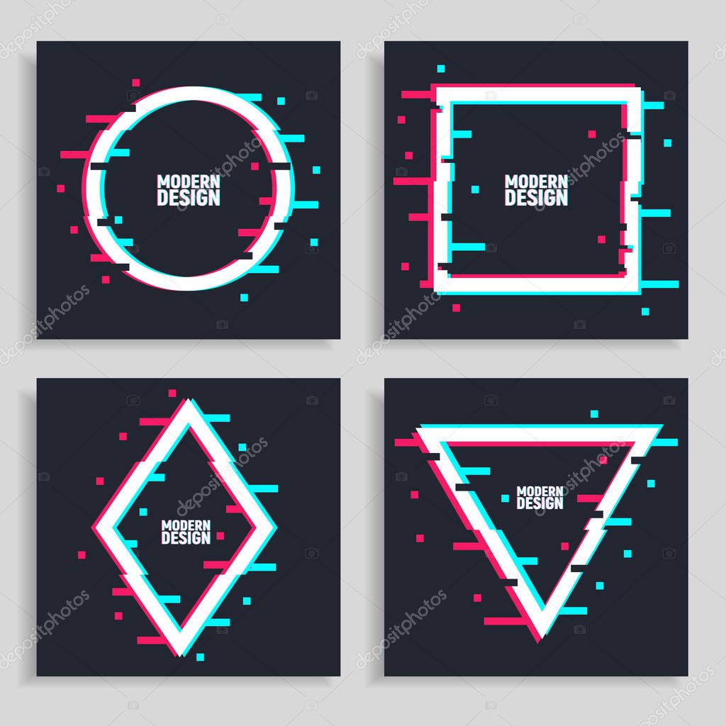 Triangle glitch frames set. Triangle glitch frame templates. Retro glitch effect. Modern trendy backgrounds for design banner, poster, cover
